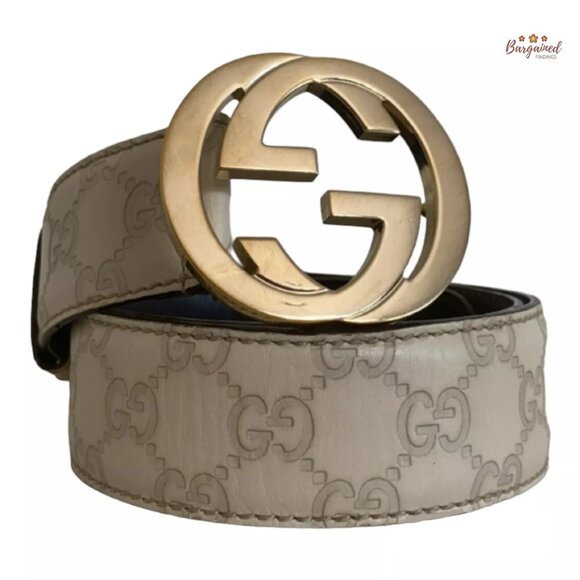 Authentic Gucci Cream Guccissima Leather Gold Interlocking G Buckle Belt 85/34 - Picture 1 of 12